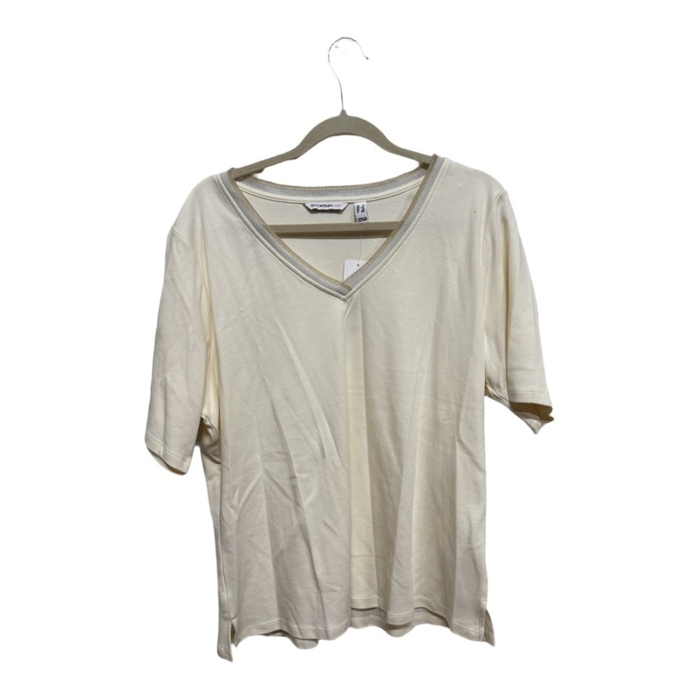 Isaac Mizrahi Live V Neck Shirt Cream Sz 1X Short Sleeve Women NWT